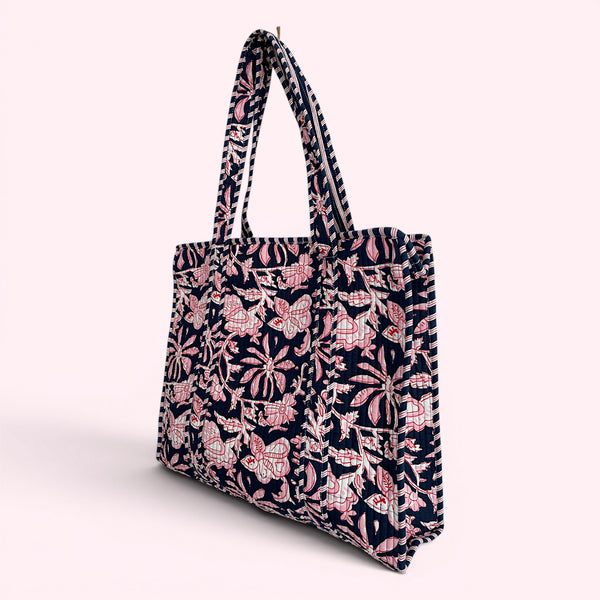 Navy and Pink Flower Quilted Cotton Tote Bag