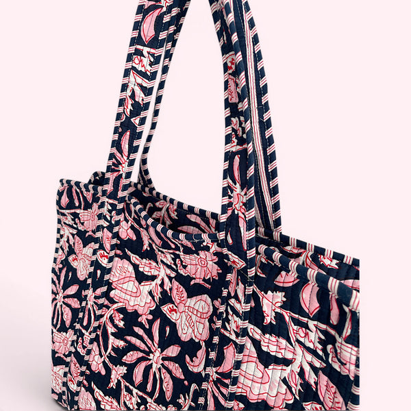 Navy and Pink Flower Quilted Cotton Tote Bag