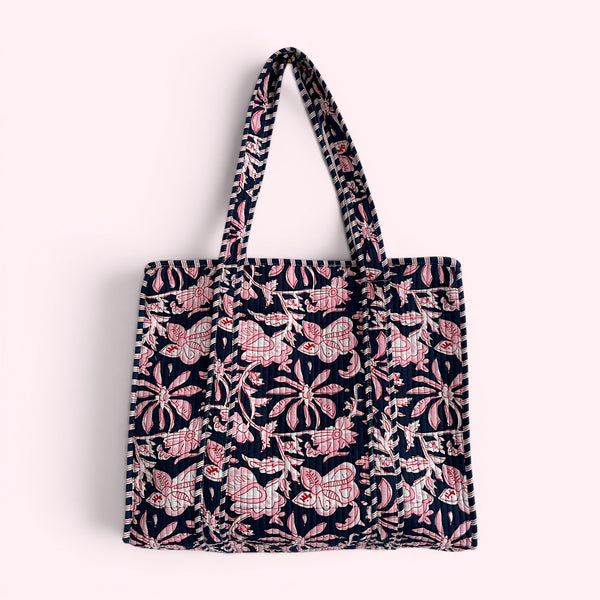 Navy and Pink Flower Quilted Cotton Tote Bag
