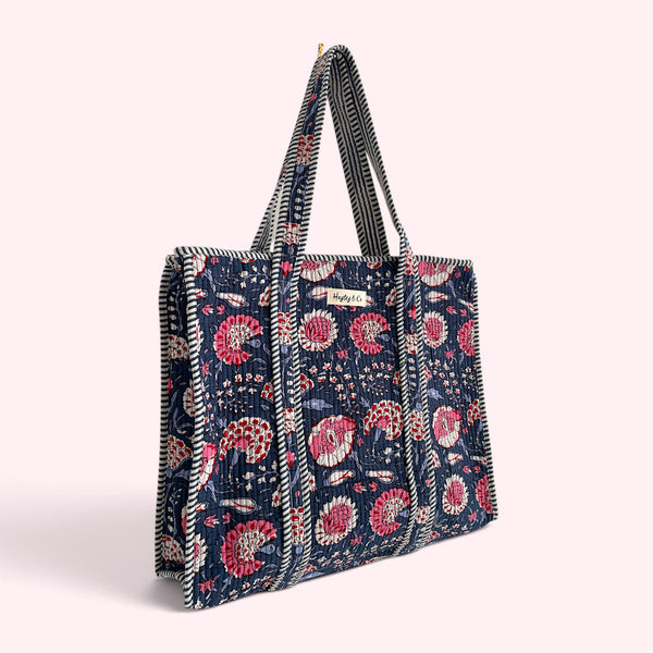 Navy and Pink Flower Quilted Cotton Tote Bag