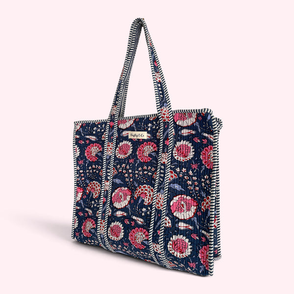 Navy and Pink Flower Quilted Cotton Tote Bag