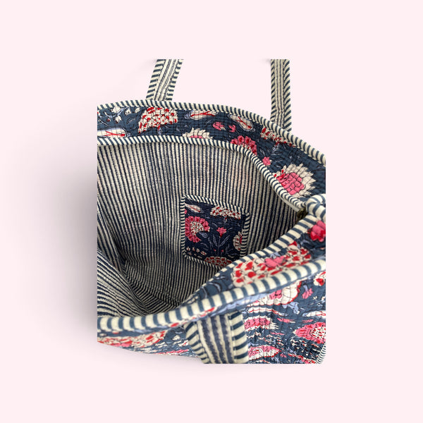 Navy and Pink Flower Quilted Cotton Tote Bag
