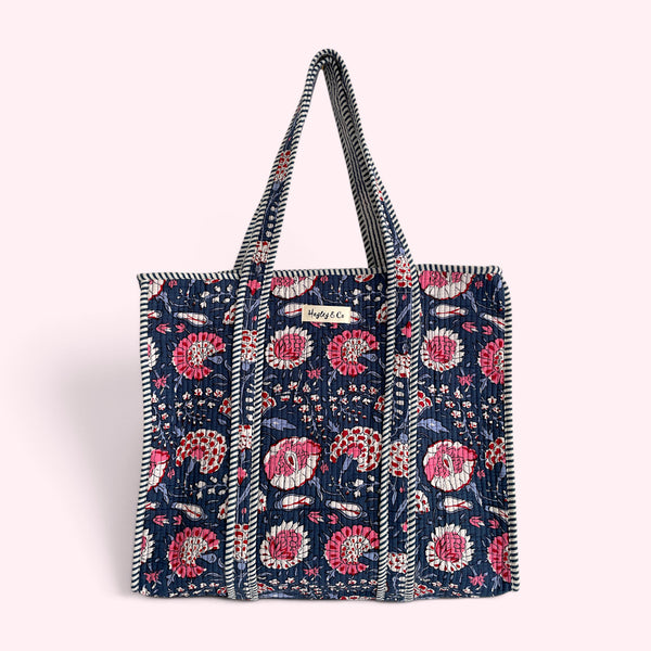 Navy and Pink Flower Quilted Cotton Tote Bag