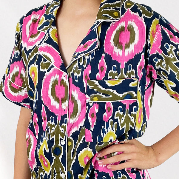 Ikat Print Cotton Short Pyjama Set in Navy Blue and Pink