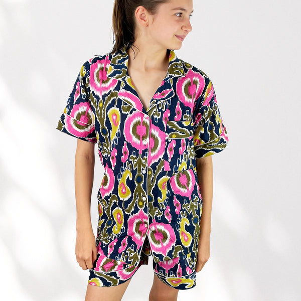 Ikat Print Cotton Short Pyjama Set in Navy Blue and Pink