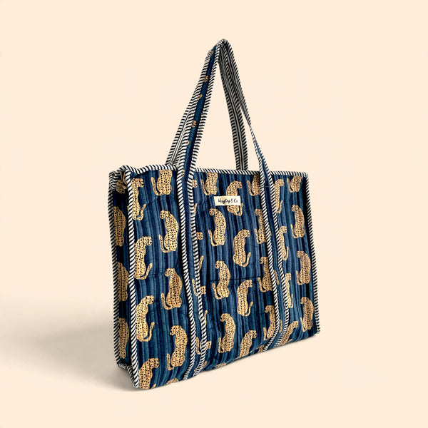 Navy Blue Leopard Print Quilted Cotton Tote Bag