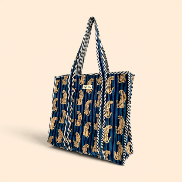 Navy Blue Leopard Print Quilted Cotton Tote Bag