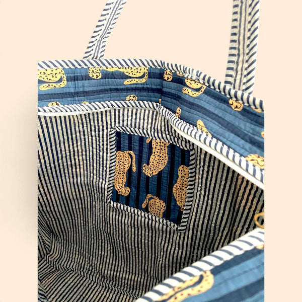 Navy Blue Leopard Print Quilted Cotton Tote Bag