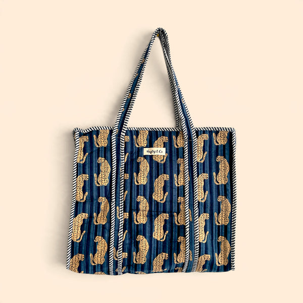 Navy Blue Leopard Print Quilted Cotton Tote Bag