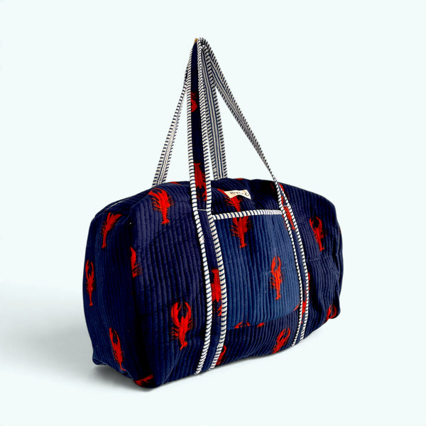 Lobster Print Cotton Quilted Weekend Duffle Bag in Blue and White
