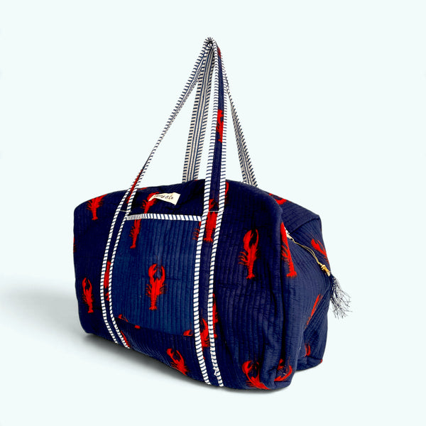 Lobster Print Cotton Quilted Weekend Duffle Bag in Blue and White