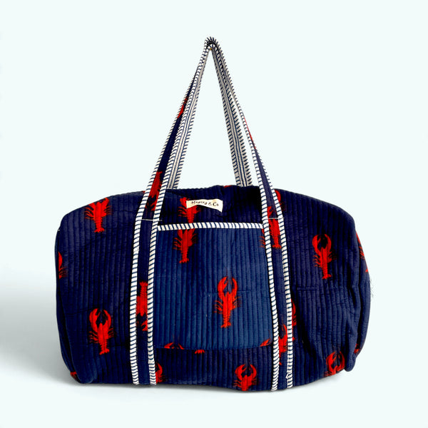 Lobster Print Cotton Quilted Weekend Duffle Bag in Blue and White