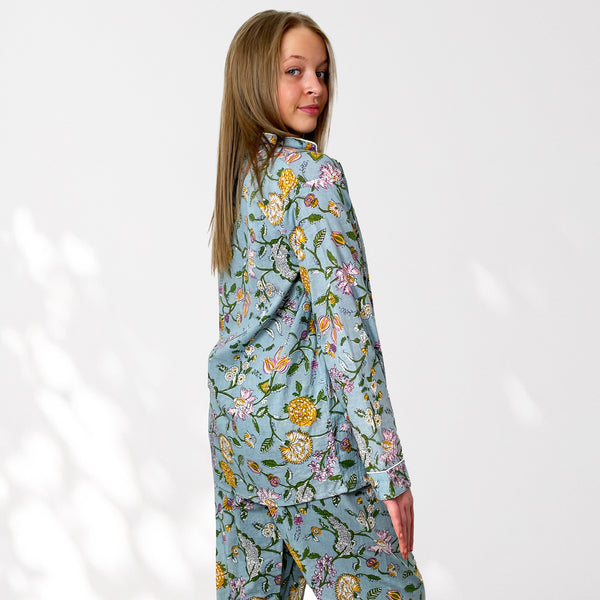 Pale Blue Ditsy Floral 100% Cotton Long Pyjama Set