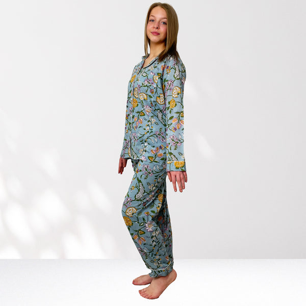 Pale Blue Ditsy Floral 100% Cotton Long Pyjama Set