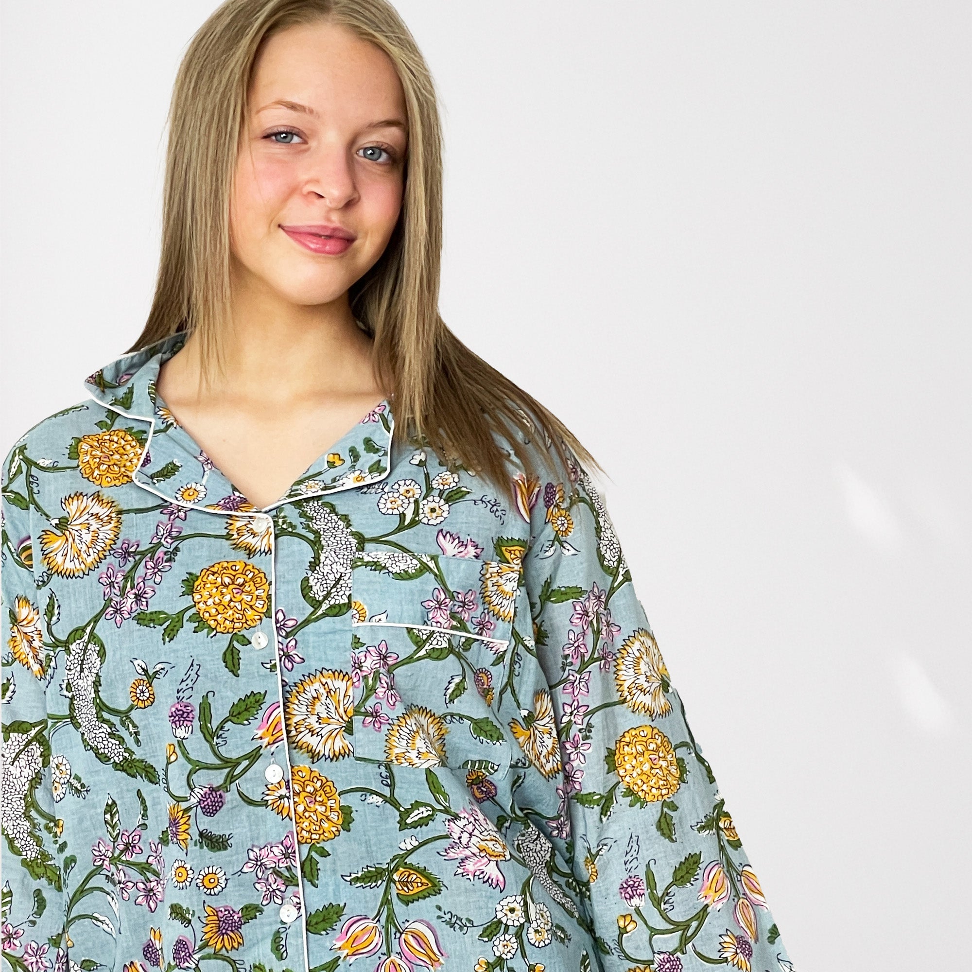 Pale Blue Ditsy Floral 100% Cotton Long Pyjama Set