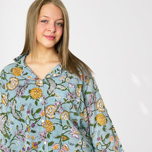 Pale Blue Ditsy Floral 100% Cotton Long Pyjama Set