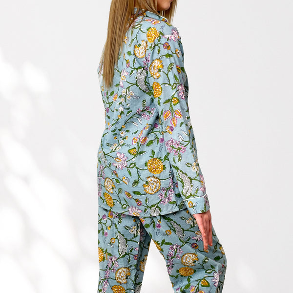 Pale Blue Ditsy Floral 100% Cotton Long Pyjama Set