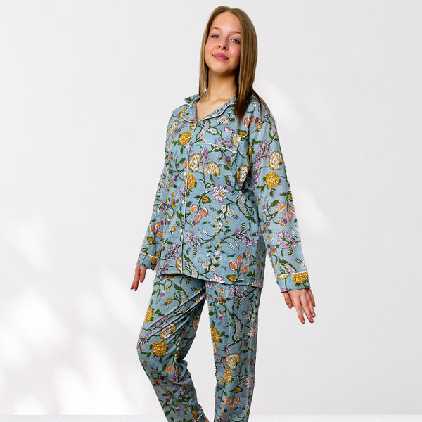 Pale Blue Ditsy Floral 100% Cotton Long Pyjama Set