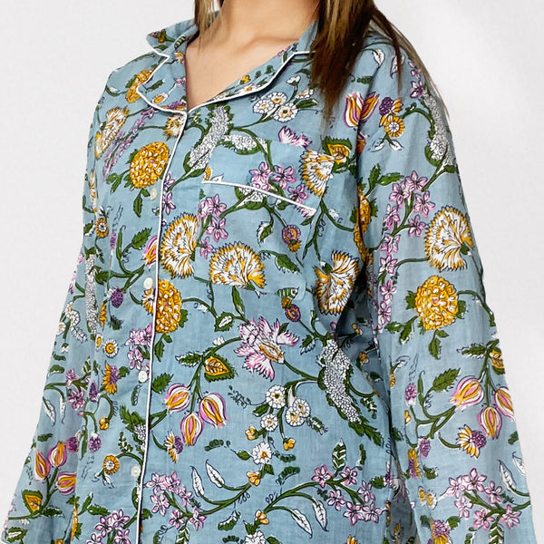 Pale Blue Ditsy Floral 100% Cotton Long Pyjama Set