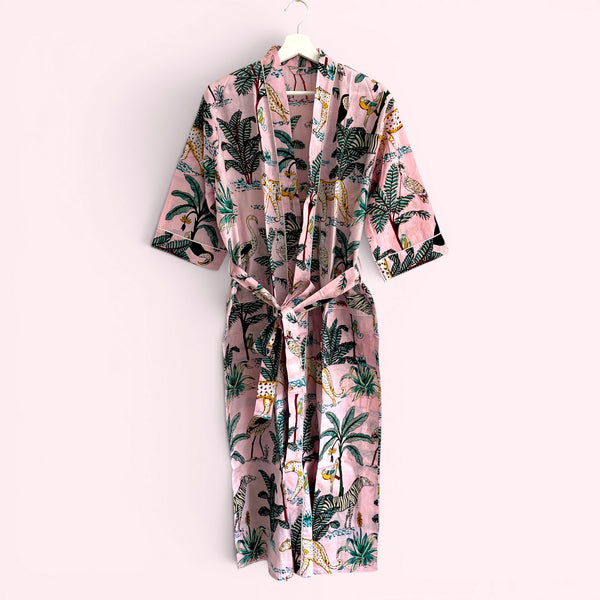 Jungle Print 100% Cotton Dressing Gown in Pale Pink