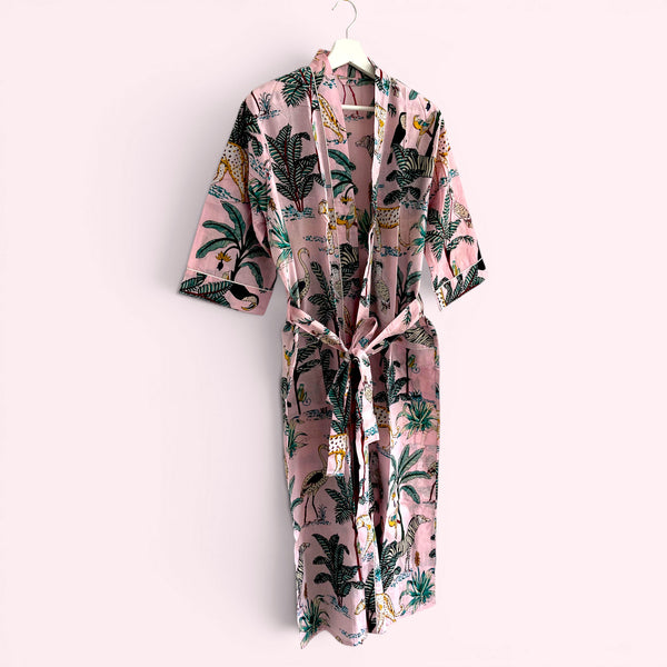 Jungle Print 100% Cotton Dressing Gown in Pale Pink