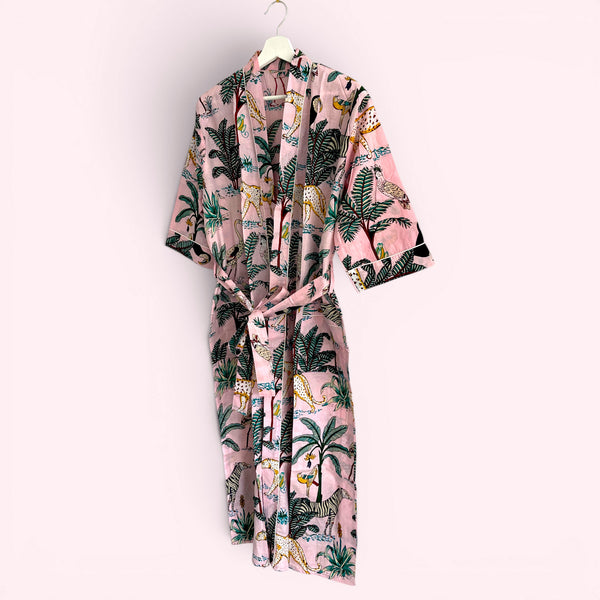 Jungle Print 100% Cotton Dressing Gown in Pale Pink
