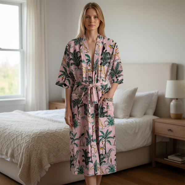 Jungle Print 100% Cotton Dressing Gown in Pale Pink