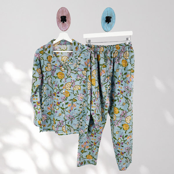 Pale Blue Ditsy Floral 100% Cotton Long Pyjama Set