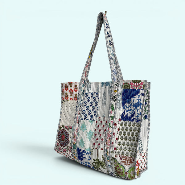 Patchwork Blue Floral Quilted Cotton Tote Bag