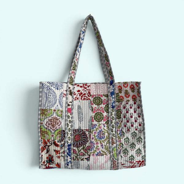 Patchwork Blue Floral Quilted Cotton Tote Bag