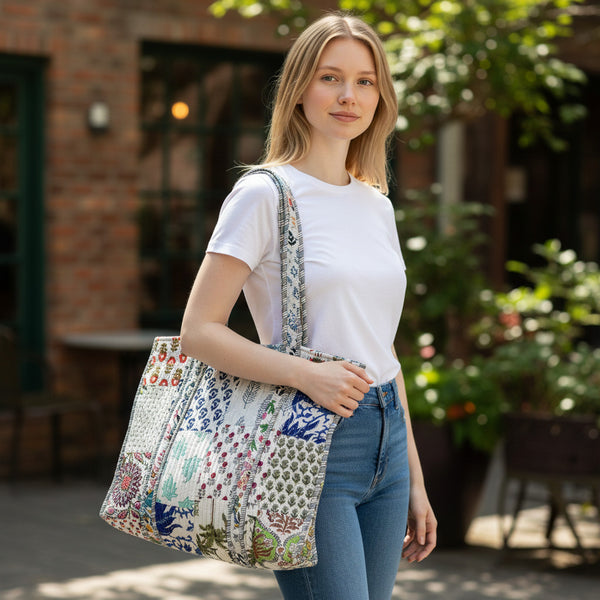 Patchwork Blue Floral Quilted Cotton Tote Bag
