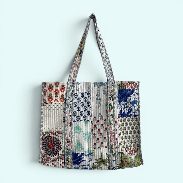 Patchwork Blue Floral Quilted Cotton Tote Bag