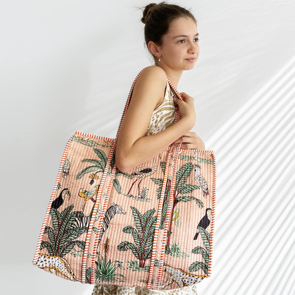 Jungle Print Large Quilted Cotton Tote Shoulder Bag in Peach