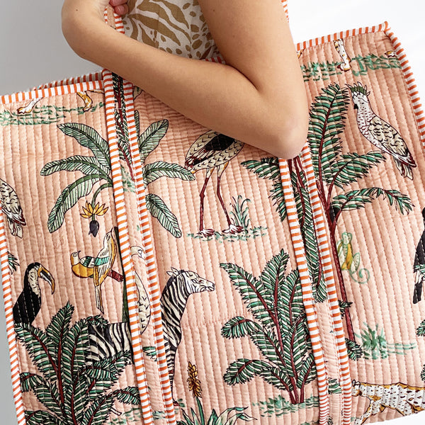 Jungle Print Large Quilted Cotton Tote Shoulder Bag in Peach