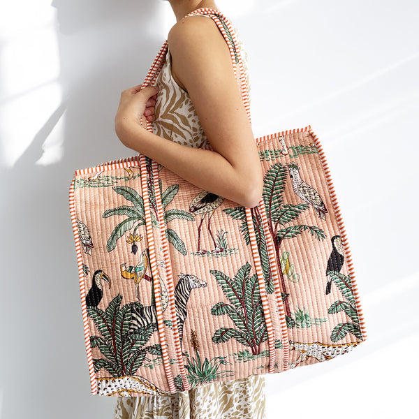 Jungle Print Large Quilted Cotton Tote Shoulder Bag in Peach