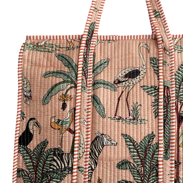Jungle Print Large Quilted Cotton Tote Shoulder Bag in Peach