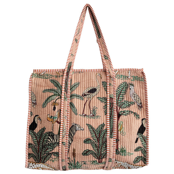 Jungle Print Large Quilted Cotton Tote Shoulder Bag in Peach