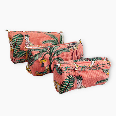 Jungle Print Cotton Washbag, Make Up Bag, Pencil Case with Waterproof Lining - Jungle Animal Print in Peach