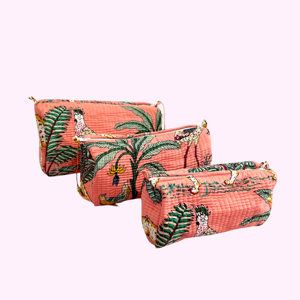 Jungle Print Cotton Washbag, Make Up Bag, Pencil Case with Waterproof Lining - Jungle Animal Print in Peach