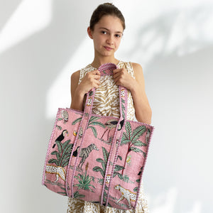Jungle Print Large Quilted Cotton Tote Shoulder Bag in Pink