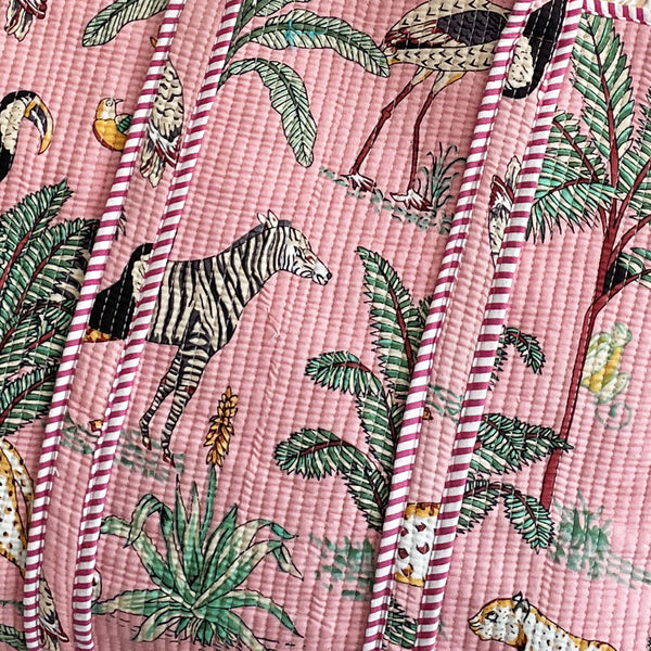 Jungle Print Large Quilted Cotton Tote Shoulder Bag in Pink