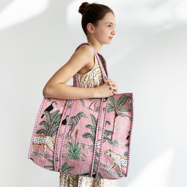 Jungle Print Large Quilted Cotton Tote Shoulder Bag in Pink