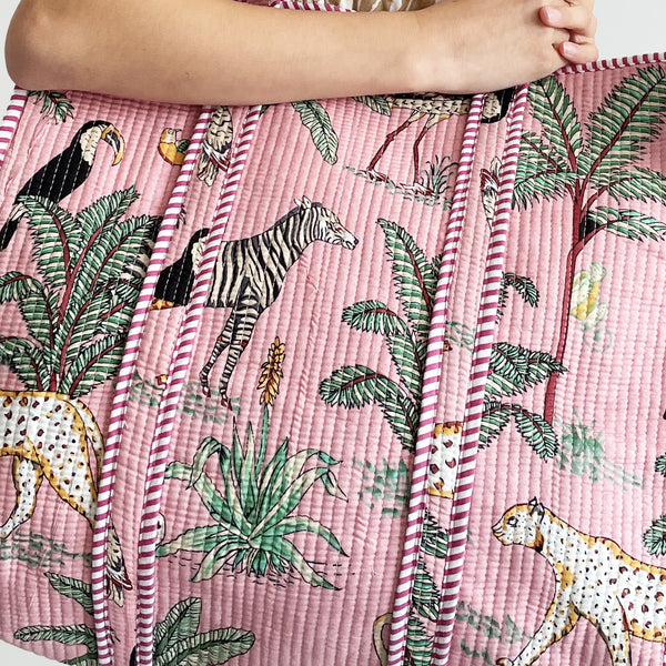 Jungle Print Large Quilted Cotton Tote Shoulder Bag in Pink