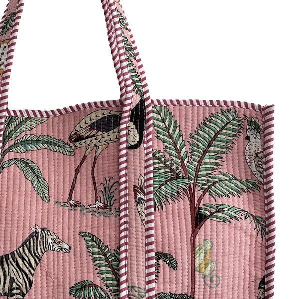 Jungle Print Large Quilted Cotton Tote Shoulder Bag in Pink