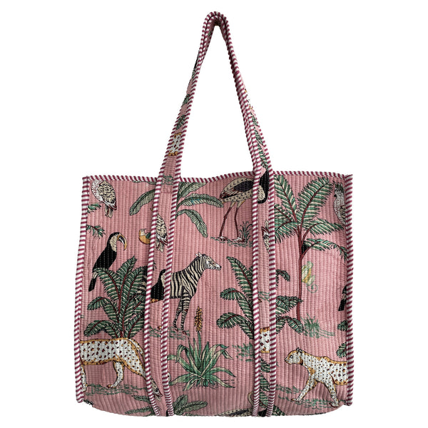 Jungle Print Large Quilted Cotton Tote Shoulder Bag in Pink