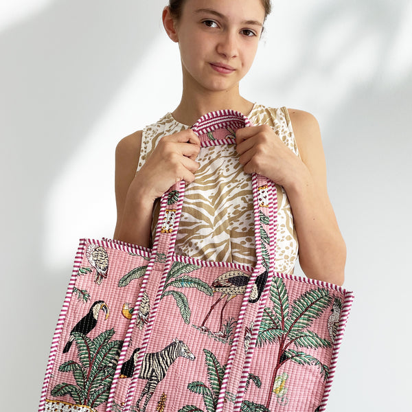 Jungle Print Large Quilted Cotton Tote Shoulder Bag in Pink