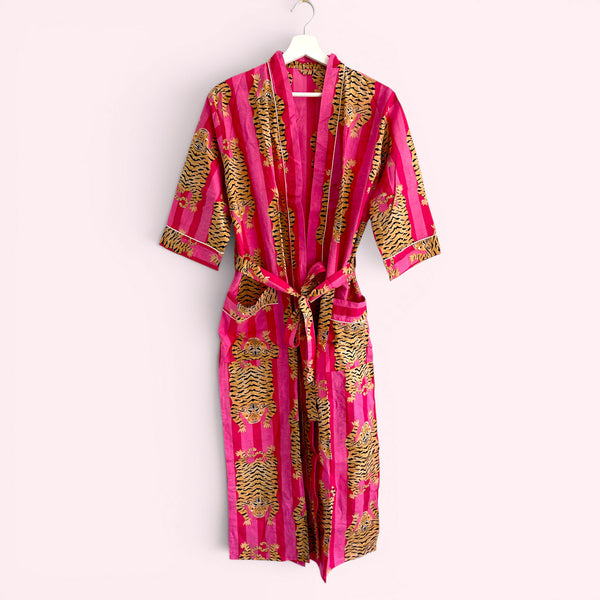 Pink Tiger Print 100% Cotton Dressing Gown