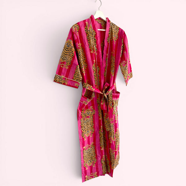 Pink Tiger Print 100% Cotton Dressing Gown