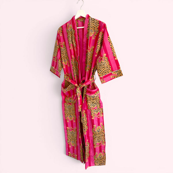 Pink Tiger Print 100% Cotton Dressing Gown