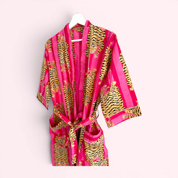 Pink Tiger Print 100% Cotton Dressing Gown